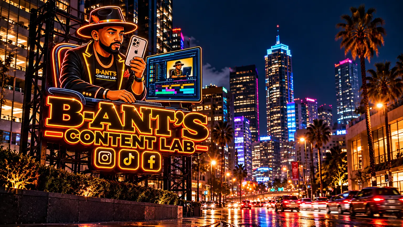 Neon city billboard of B-Ant’s Content Lab with B-Ant at his editing workstation against a nighttime skyline